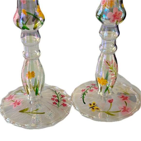 Beautiful Set!  Anthropologie Floral Glass Taper Candle Holders Hand Painted - Picture 7 of 16